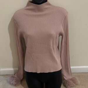 Sweet Rain Blush Ribbed Knit Top with Faux Fur Accents